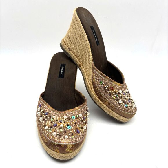 Vintage 90s Y2K Xhilaration Brown Satin Beaded Sequin Espadrille Wedge Heels 6 - Picture 1 of 16